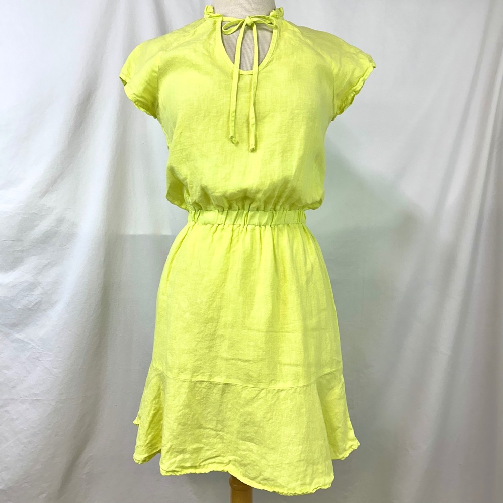 S'EDGE 100% Linen Neon Yellow Raleigh Mini Dress Women's XS Beach Coastal Summer